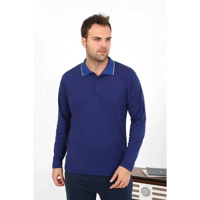 Moda Erkek Polo Yaka Uzun Kol Penye Pijama Takımı Lacivert