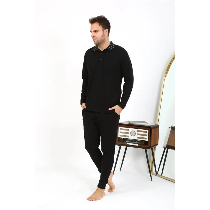 Moda Erkek Polo Yaka Uzun Kol Penye Pijama Takımı Siyah