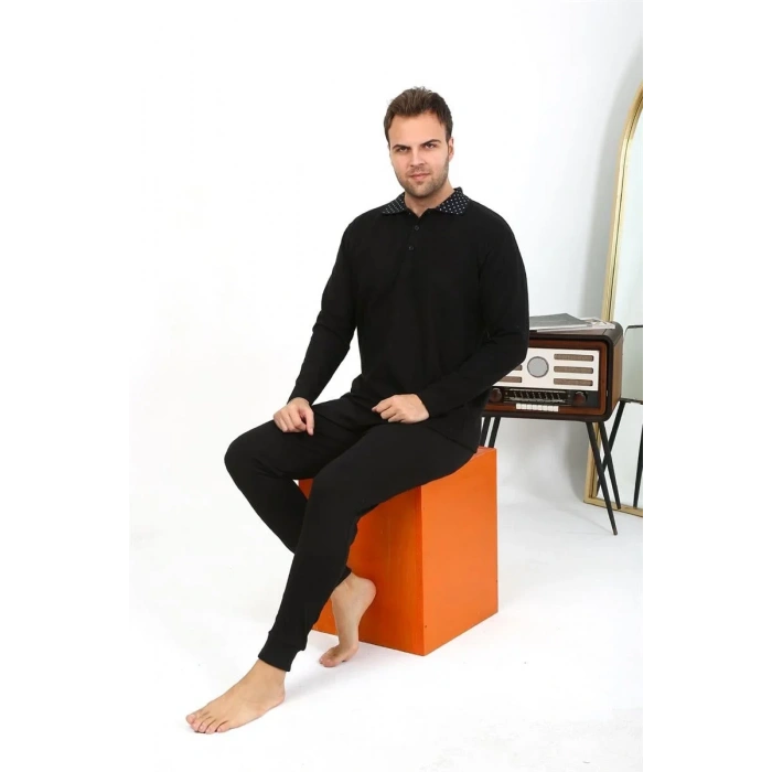 Moda Erkek Polo Yaka Uzun Kol Penye Pijama Takımı Siyah