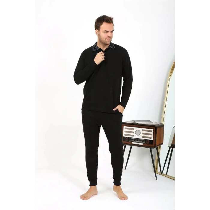 Moda Erkek Polo Yaka Uzun Kol Penye Pijama Takımı Siyah