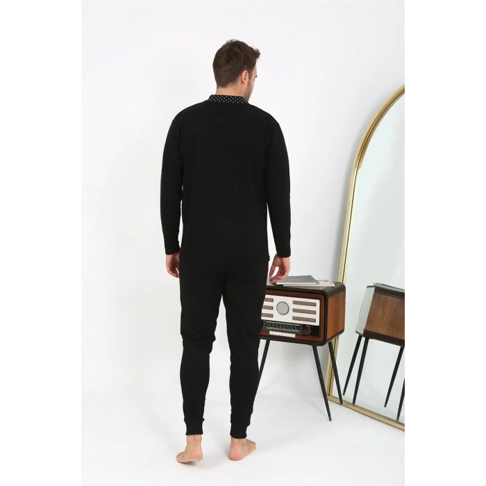 Moda Erkek Polo Yaka Uzun Kol Penye Pijama Takımı Siyah