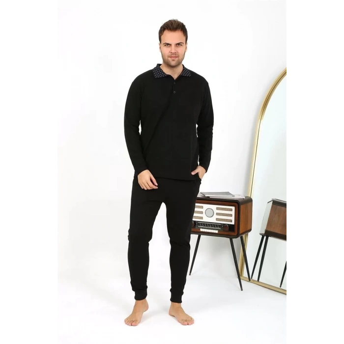 Moda Erkek Polo Yaka Uzun Kol Penye Pijama Takımı Siyah