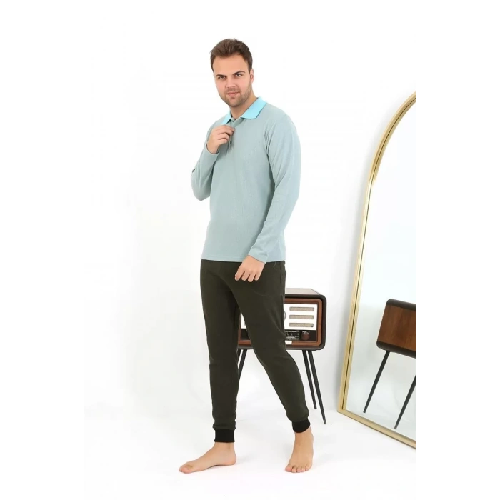 Moda Erkek Polo Yaka Uzun Kol Penye Pijama Takımı Su Yeşili