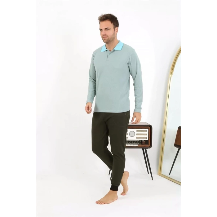 Moda Erkek Polo Yaka Uzun Kol Penye Pijama Takımı Su Yeşili