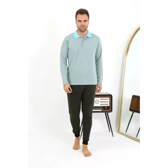 Moda Erkek Polo Yaka Uzun Kol Penye Pijama Takımı Su Yeşili