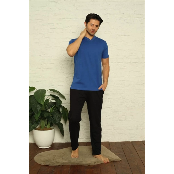 Moda Erkek Saks V Yaka 3lü Pijama Takım