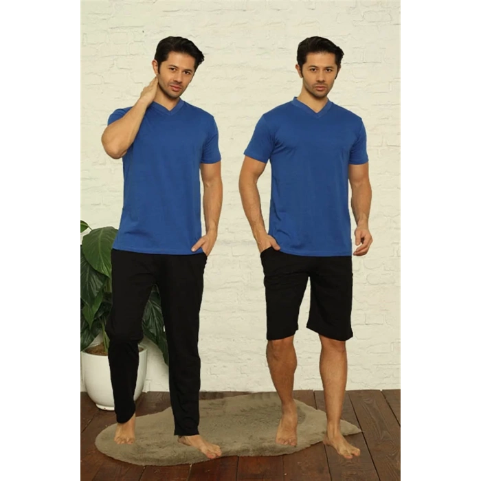Moda Erkek Saks V Yaka 3lü Pijama Takım