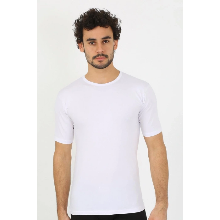 Moda Erkek Sıfır Yaka Likralı Beyaz T-Shirt