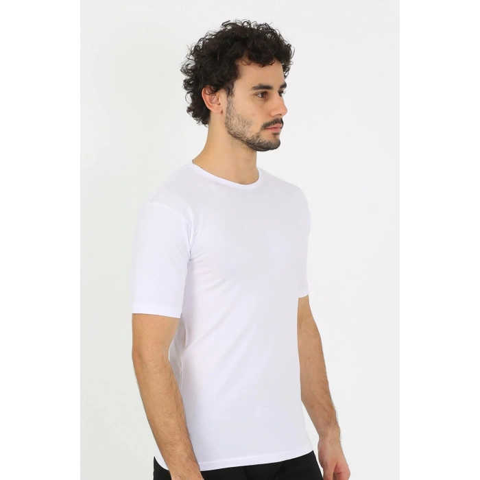 Moda Erkek Sıfır Yaka Likralı Beyaz T-Shirt