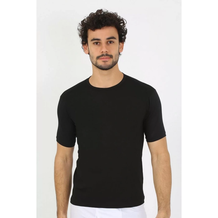 Moda Erkek Sıfır Yaka Likralı Siyah T-Shirt