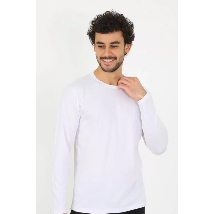 Moda Erkek Sıfır Yaka Uzun Kol Beyaz Fanila