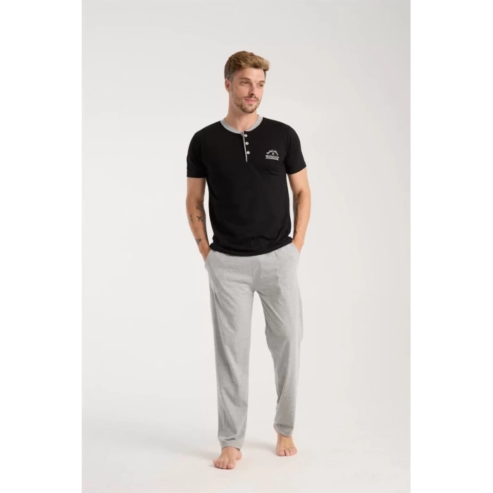 Moda Erkek Siyah Düğmeli Yaka Kısa Kol Pijama Takımı