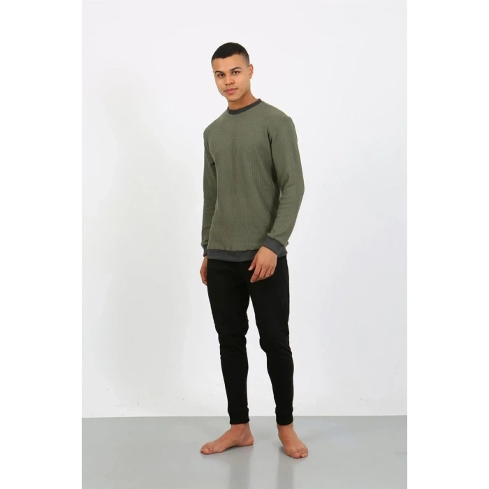 Moda Erkek Uzun Kol Manşetli Paça Penye Pijama Takımı Haki