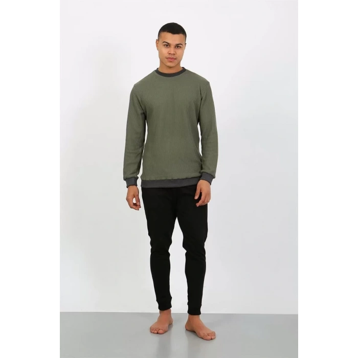Moda Erkek Uzun Kol Manşetli Paça Penye Pijama Takımı Haki