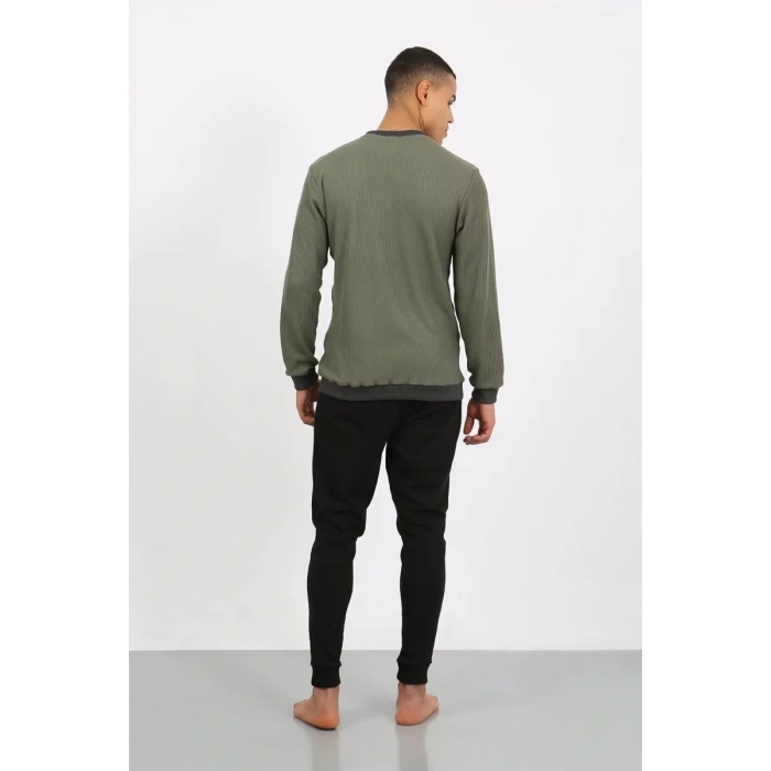 Moda Erkek Uzun Kol Manşetli Paça Penye Pijama Takımı Haki