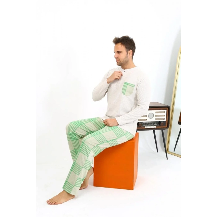 Moda Erkek Uzun Kol Penye Krem Pijama Takımı