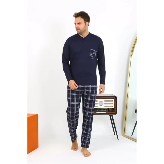 Moda Erkek Uzun Kol Penye Lacivert Pijama Takımı