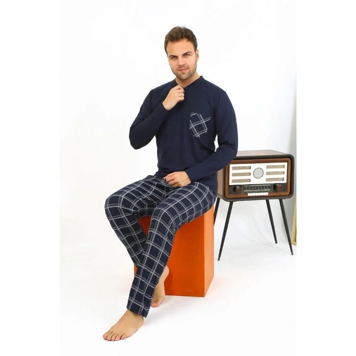 Moda Erkek Uzun Kol Penye Lacivert Pijama Takımı