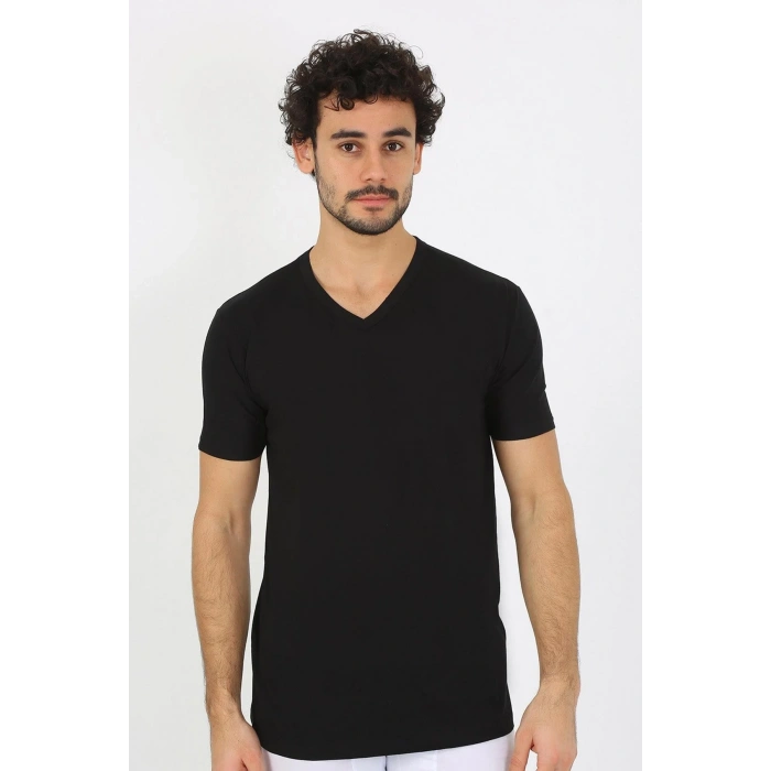 Moda Erkek V Yaka Siyah Penye Atlet