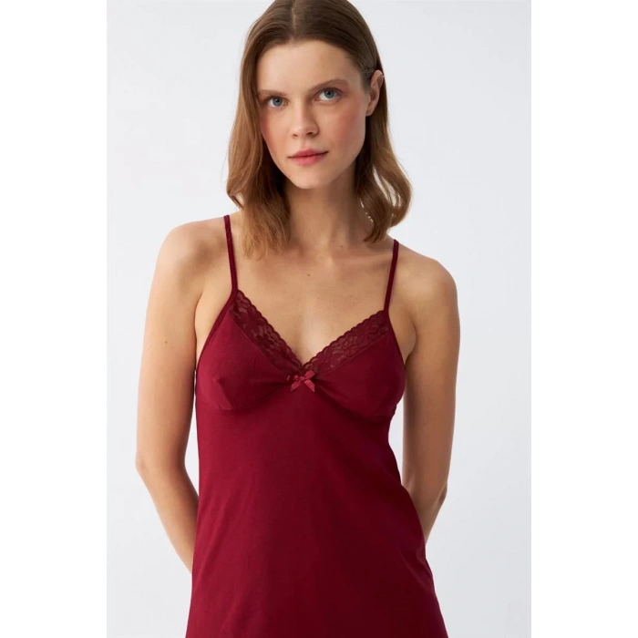 Moda İp Askılı Penye Gecelik Bordo