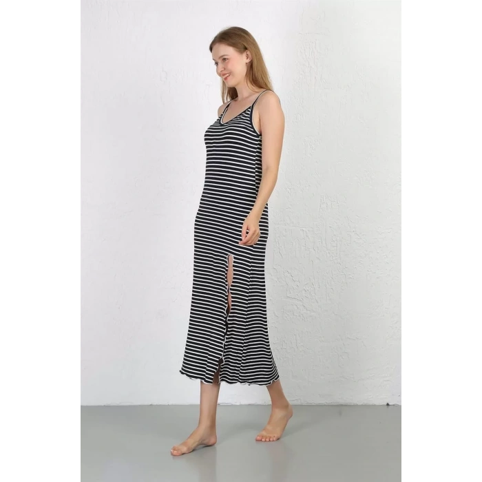 Moda İp Askılı Uzun Yırtmaçlı Penye Gecelik