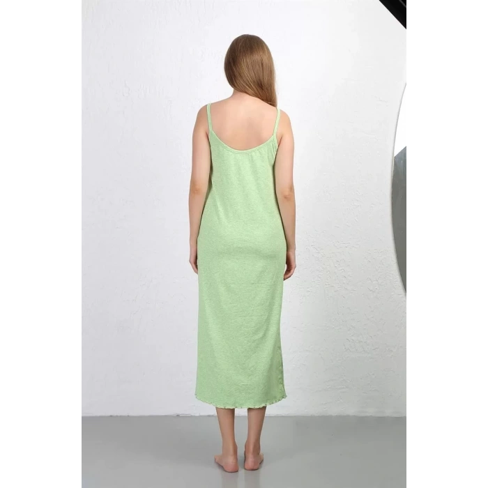 Moda İp Askılı Uzun Yırtmaçlı Penye Gecelik Fıstık Yeşili