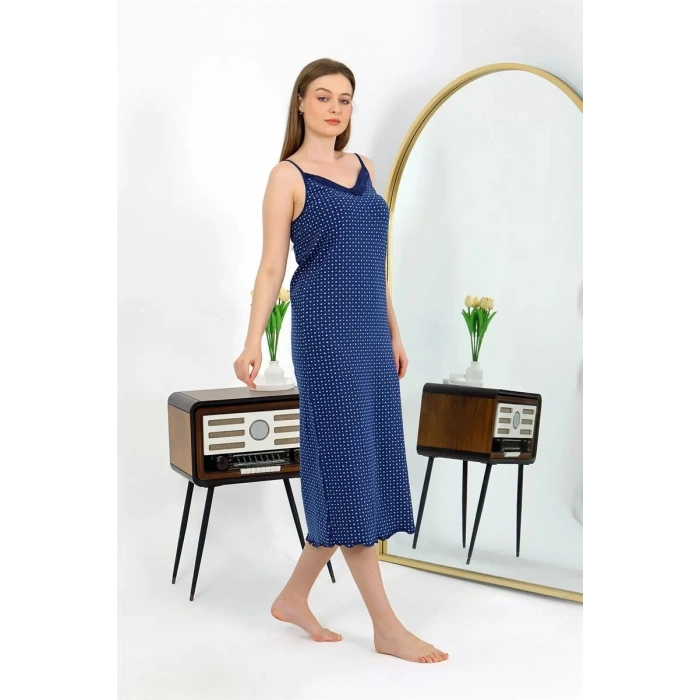 Moda İp Askılı Uzun Yırtmaçlı Penye Gecelik Lacivert