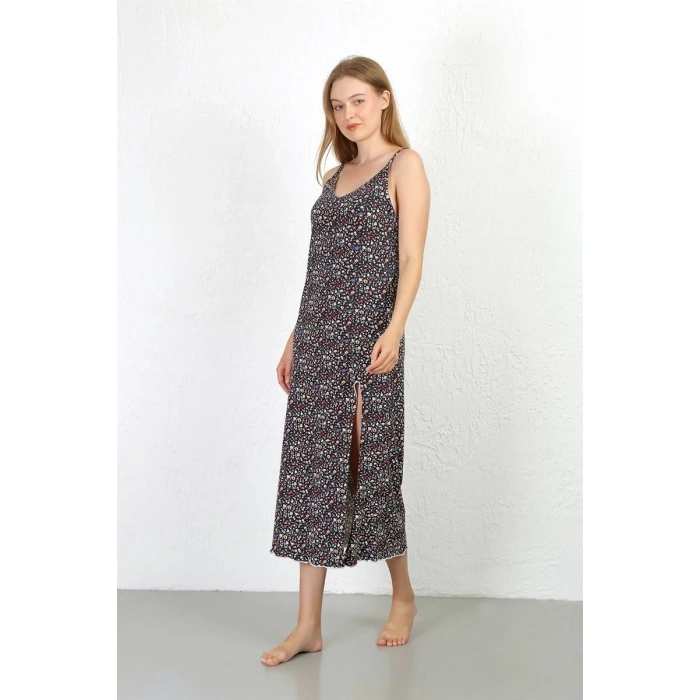 Moda İp Askılı Uzun Yırtmaçlı Penye Gecelik Lacivert