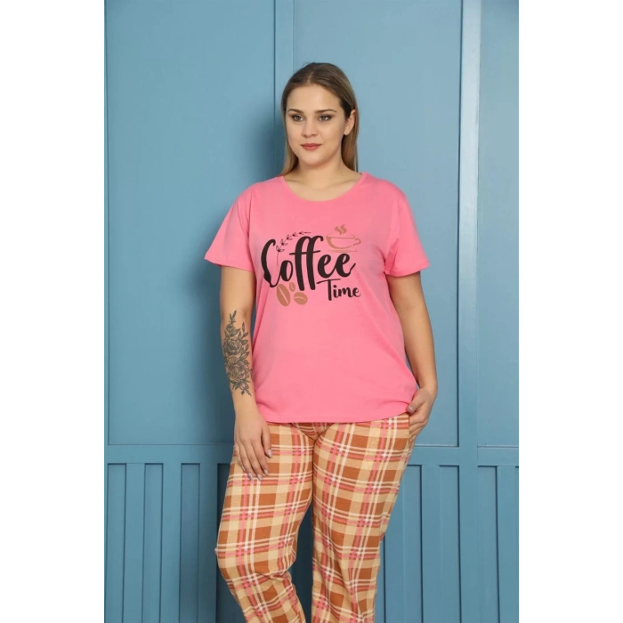 Moda Kadın %100 Pamuk Kısa Kol Büyük Beden Pijama Takım Pembe