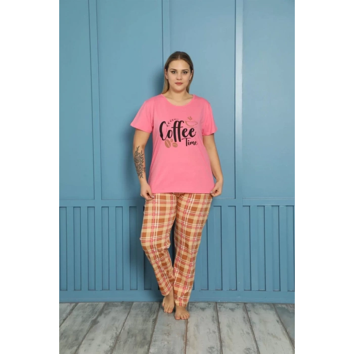 Moda Kadın %100 Pamuk Kısa Kol Büyük Beden Pijama Takım Pembe