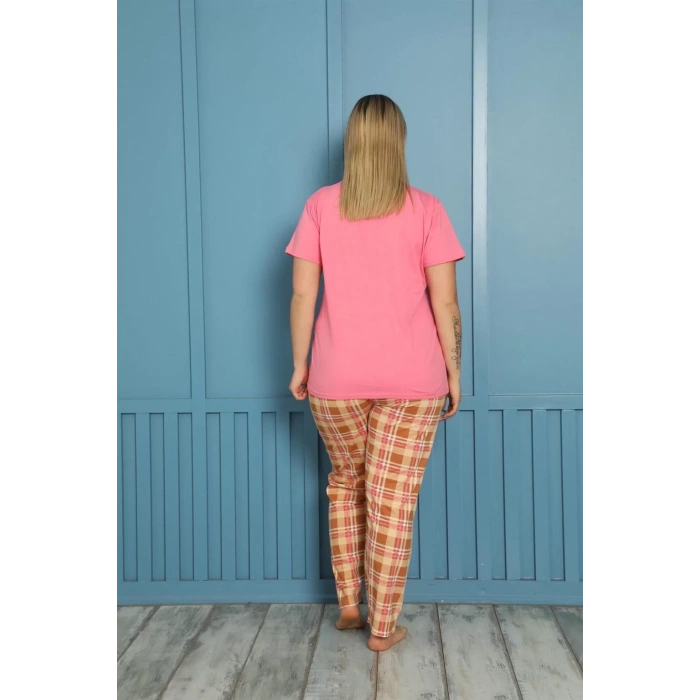 Moda Kadın %100 Pamuk Kısa Kol Büyük Beden Pijama Takım Pembe