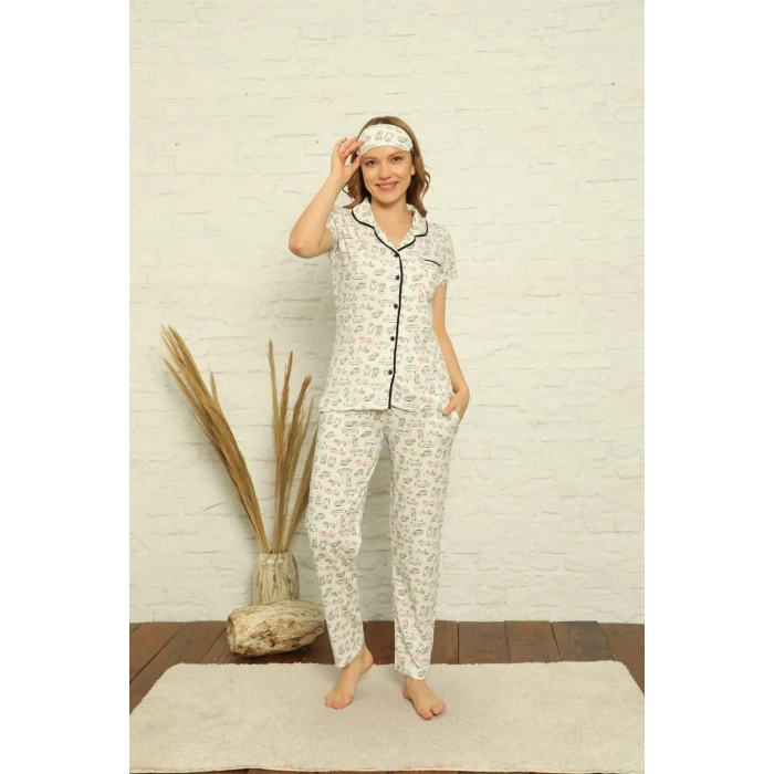 Moda Kadın %100 Pamuk Önden Düğmeli Kısa Kol Pijama Takım Ekru