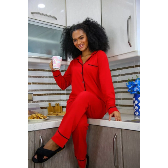 Moda Kadın %100 Pamuk Penye Önden Düğmeli Uzun Kol Pijama Takım Kırmızı