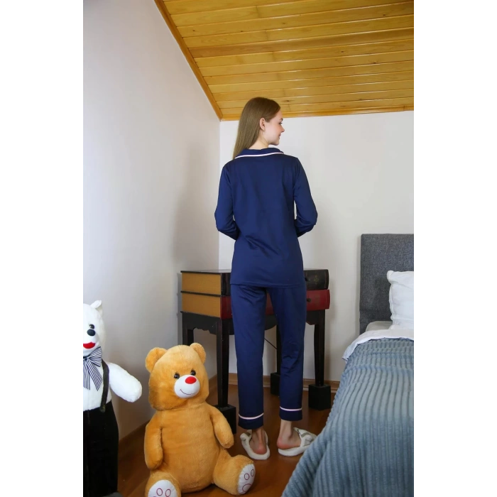 Moda Kadın %100 Pamuk Penye Önden Düğmeli Uzun Kol Pijama Takım Lacivert