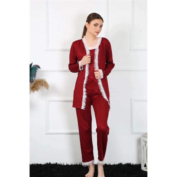 Moda Kadın 3lü Bordo Sabahlık Takım