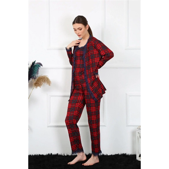 Moda Kadın 3lü Ekoseli Sabahlık Takım Kırmızı