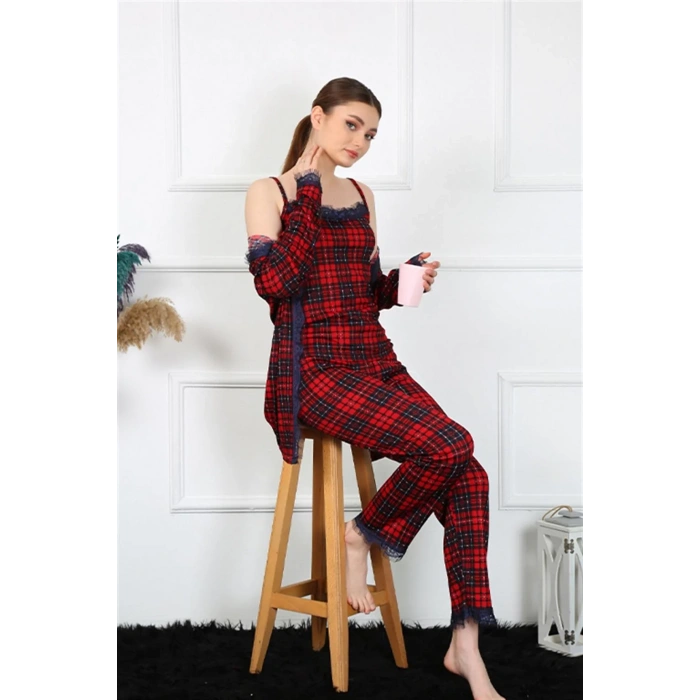 Moda Kadın 3lü Ekoseli Sabahlık Takım Kırmızı