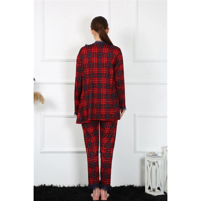 Moda Kadın 3lü Ekoseli Sabahlık Takım Kırmızı