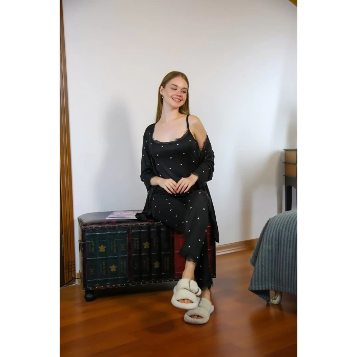 Moda Kadın 3lü Sabahlık Pijama Takım Siyah