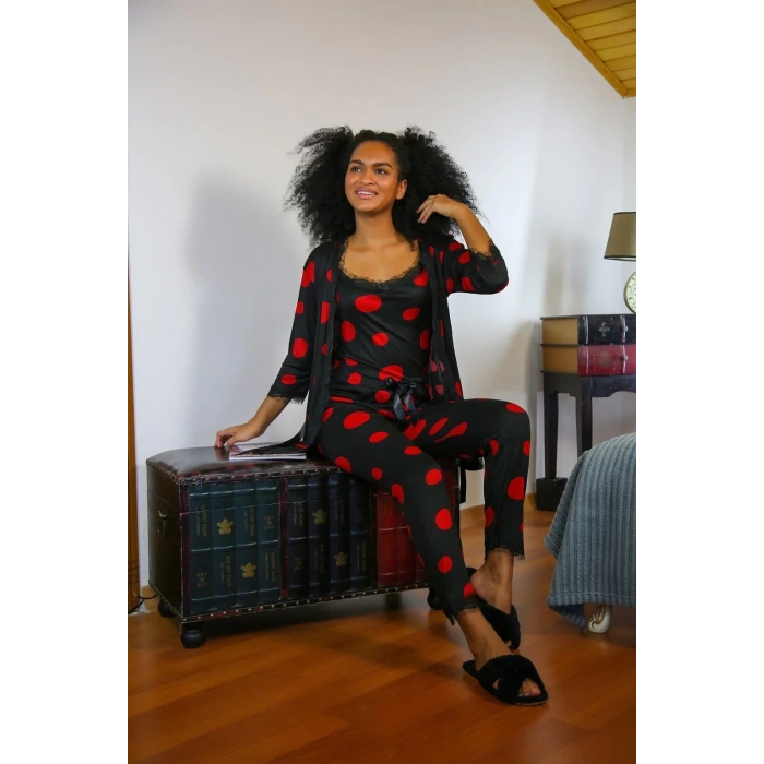 Moda Kadın 3lü Sabahlık Pijama Takım Siyah