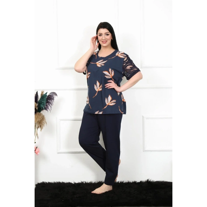 Moda Kadın 5XL-6XL-7XL-8XL Büyük Beden Kısa Kol Pijama Takım Lacivert