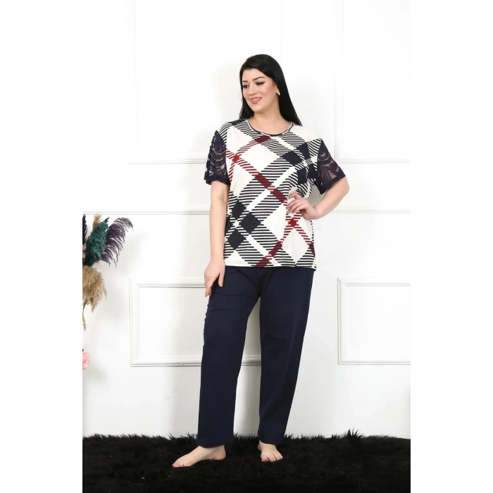 Moda Kadın 5XL-6XL-7XL-8XL Büyük Beden Kısa Kol Pijama Takım Lacivert