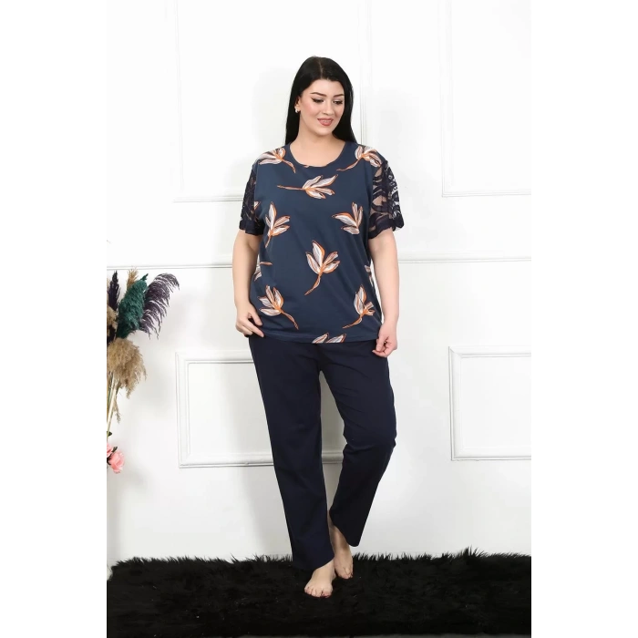 Moda Kadın 5XL-6XL-7XL-8XL Büyük Beden Kısa Kol Pijama Takım Lacivert