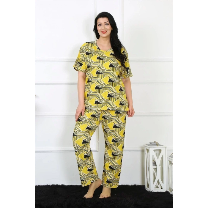 Moda Kadın 5XL-6XL-7XL-8XL Büyük Beden Kısa Kol Pijama Takım Sarı