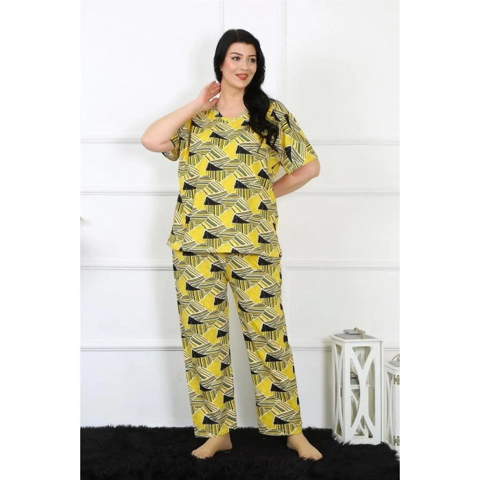 Moda Kadın 5XL-6XL-7XL-8XL Büyük Beden Kısa Kol Pijama Takım Sarı