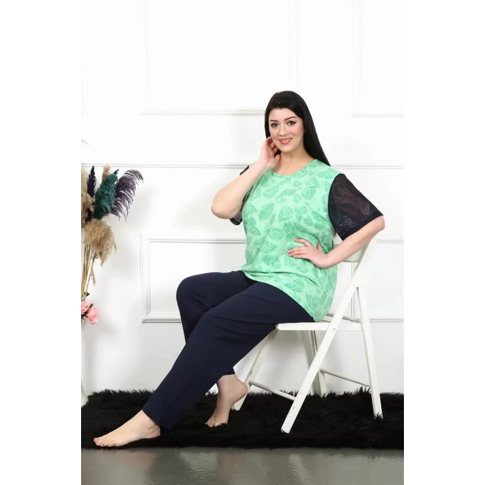 Moda Kadın 5XL-6XL-7XL-8XL Büyük Beden Kısa Kol Pijama Takım Yeşil