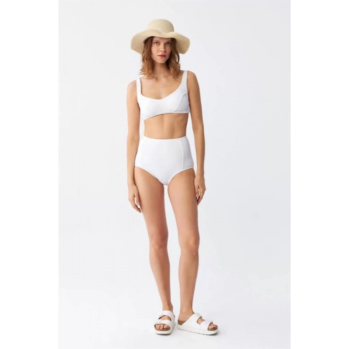 Moda Kadın Basic Beyaz Pedli Yüksek Bel Bikini Takımı