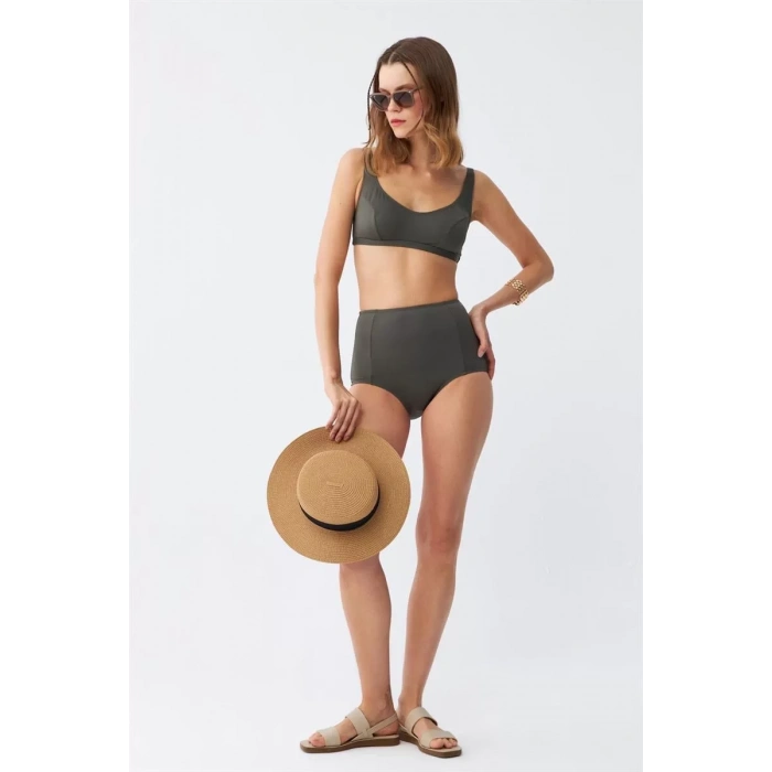 Moda Kadın Basic Haki Pedli Yüksek Bel Bikini Takımı