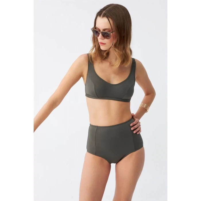 Moda Kadın Basic Haki Pedli Yüksek Bel Bikini Takımı