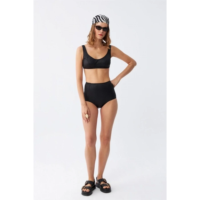 Moda Kadın Basic Siyah Pedli Yüksek Bel Bikini Takımı